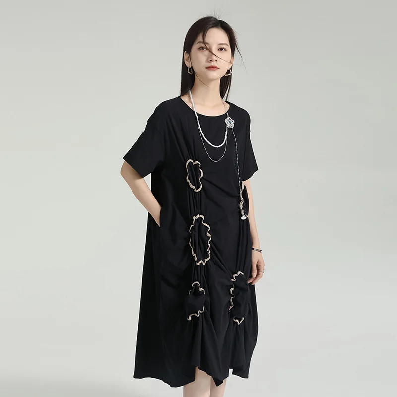 Lazy style loose fit short sleeved long skirt with a niche design feel, circular pleated cotton linen women's dress