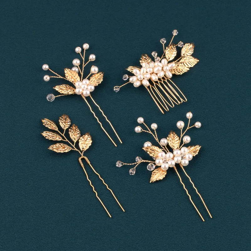 Pearl Flower Hairpin Side Comb Sets Leaf Shape Tiaras Bride Insert Hair Clip Jewelry Fashion Headwear Wedding Hair Accessories
