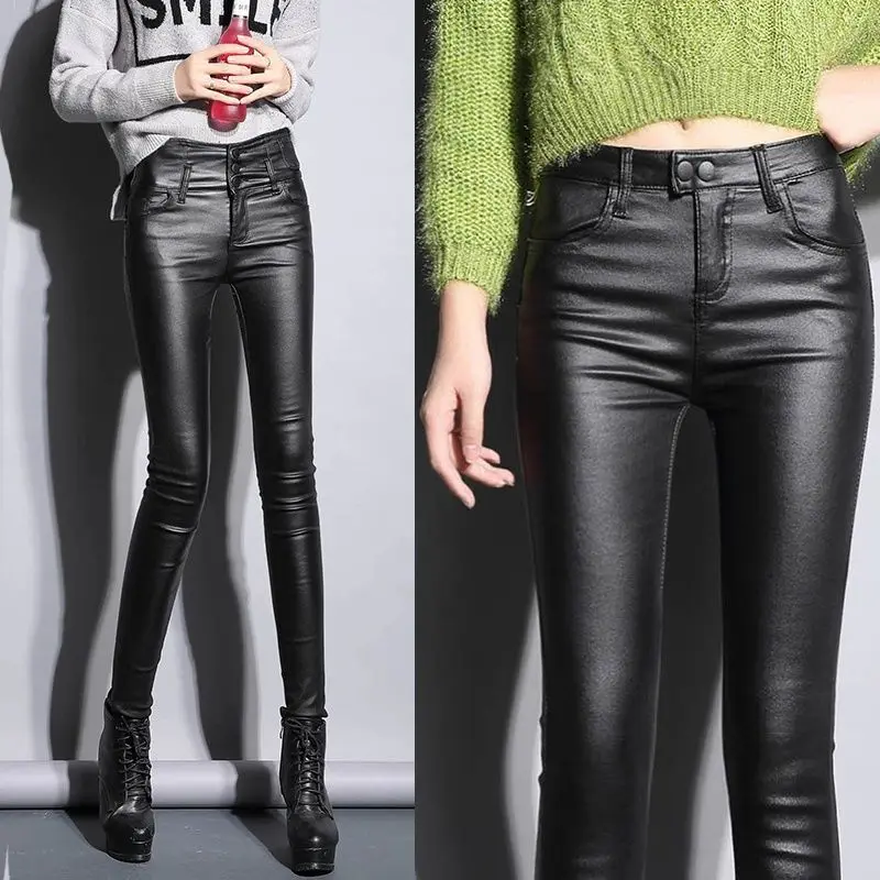 

Leather Pants Women's Autumn and Winter Fleece-Lined High Waist Stretch Tight Leggings Women's Outer Wear Long Skinny Pants