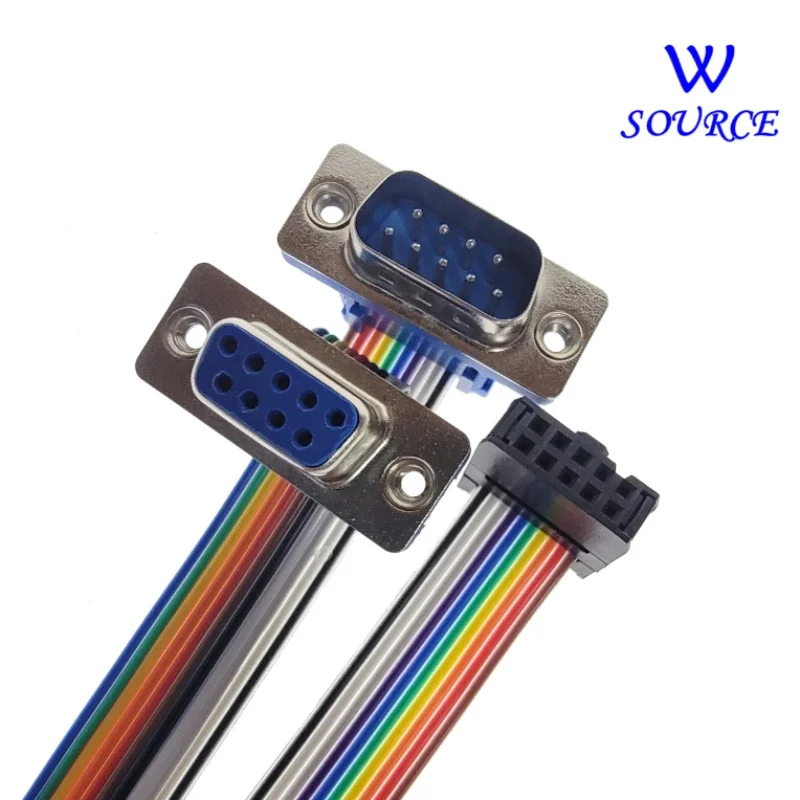 D-Sub DB9 9 Pin Male Famele Connector To FC-10P IDC Female 2.54mm 10 Pin Rainbow / Multicolor Flat Ribbon Cable