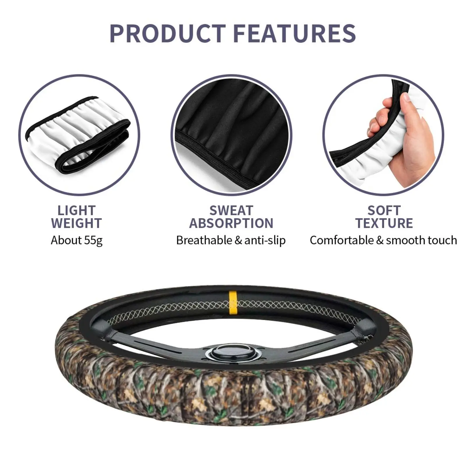 Camouflage Hunting Forest Steering Wheel Cover Funny Anti-Slip Car Accessories for Men Women Universal 15 Inch Fit Most Vehicles - view 6