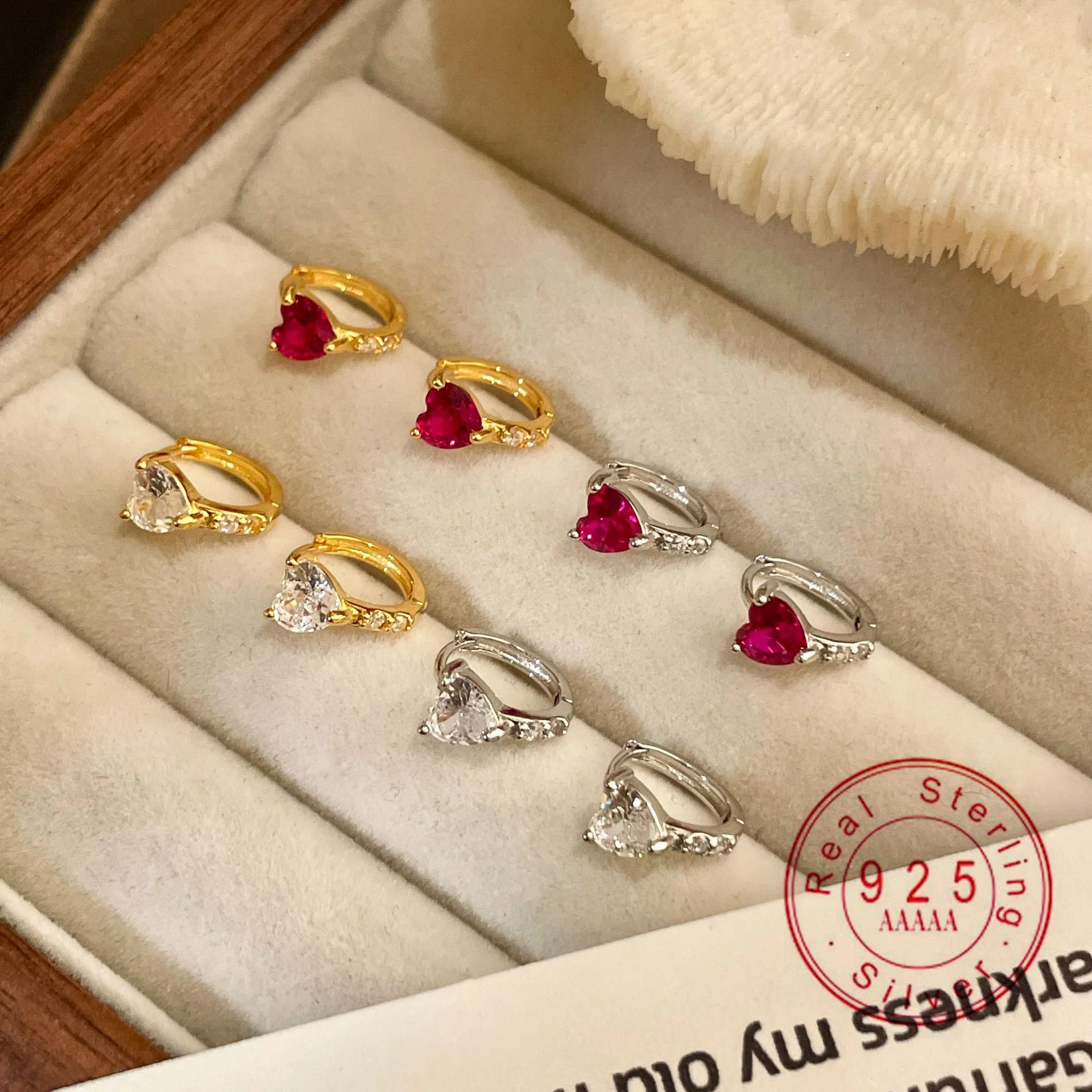 

925 Sterling Silver Heart Red CZ Hoop Earrings, Dainty Pink Ruby Zircon Huggie Earrings, Hypoallergenic Jewelry Gift for Women