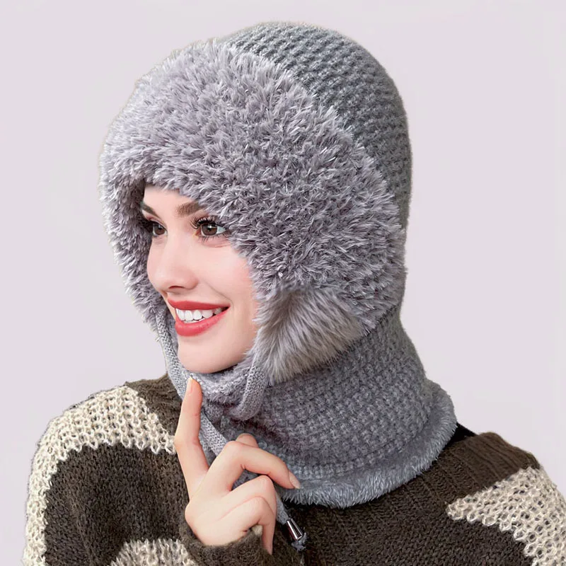 قناع ركوب الدراجات الشتوي للسيدات طقم وشاح قبعة متكامل مبطن بالصوف قبعة صغيرة محبوكة مقاومة للرياح للرقبة لركوب الدراجات والتزلج #4