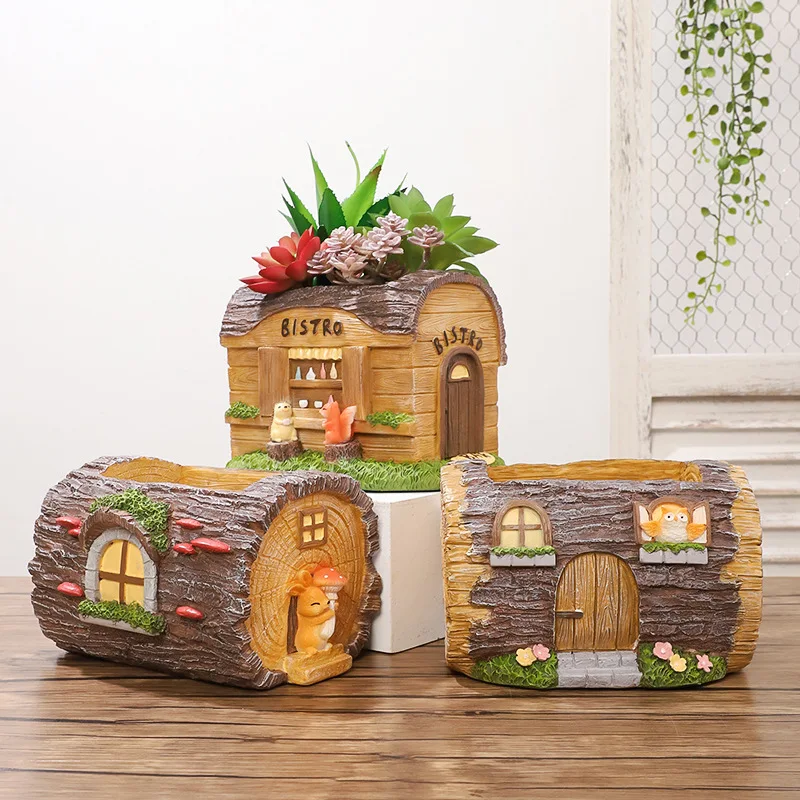 Creative Mini Cottage Resin Planter Set with 4 Designs - Hedgehog, Owl, Bistro & Mushroom Houses, Perfect for Home Decor & Gifts