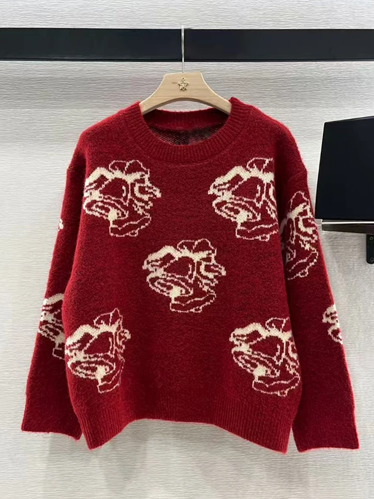 Women's new vintage jacquard wool round neck pullover for Autumn/Winter 2024 Fashion all-in-one straight tube knit sweater