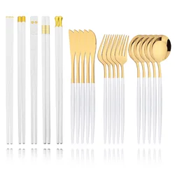 15-20Pcs White Gold Cutlery Set Korean Stainless Steel Tableware Fork Spoon Chopsticks Set Dinnerware Set Luxury Tableware Set