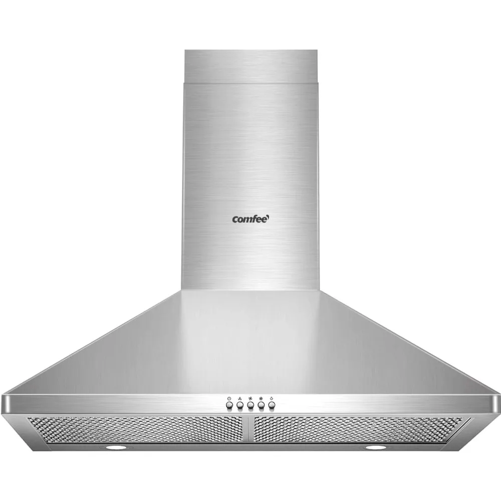 Ducted Pyramid Range 450 CFM Stainless Steel Wall Mount Vent Hood with 3 Speed Exhaust Fan, 5-Layer Aluminum Permanent Filters