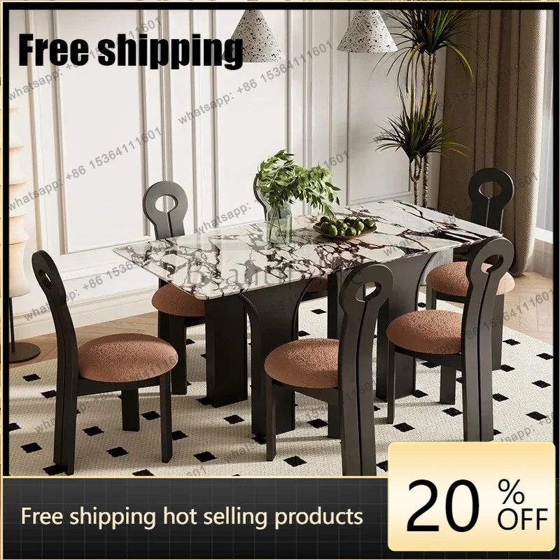 HJ French retro cream style natural marble semi-round island integrated dining table light luxury dining table and chairs