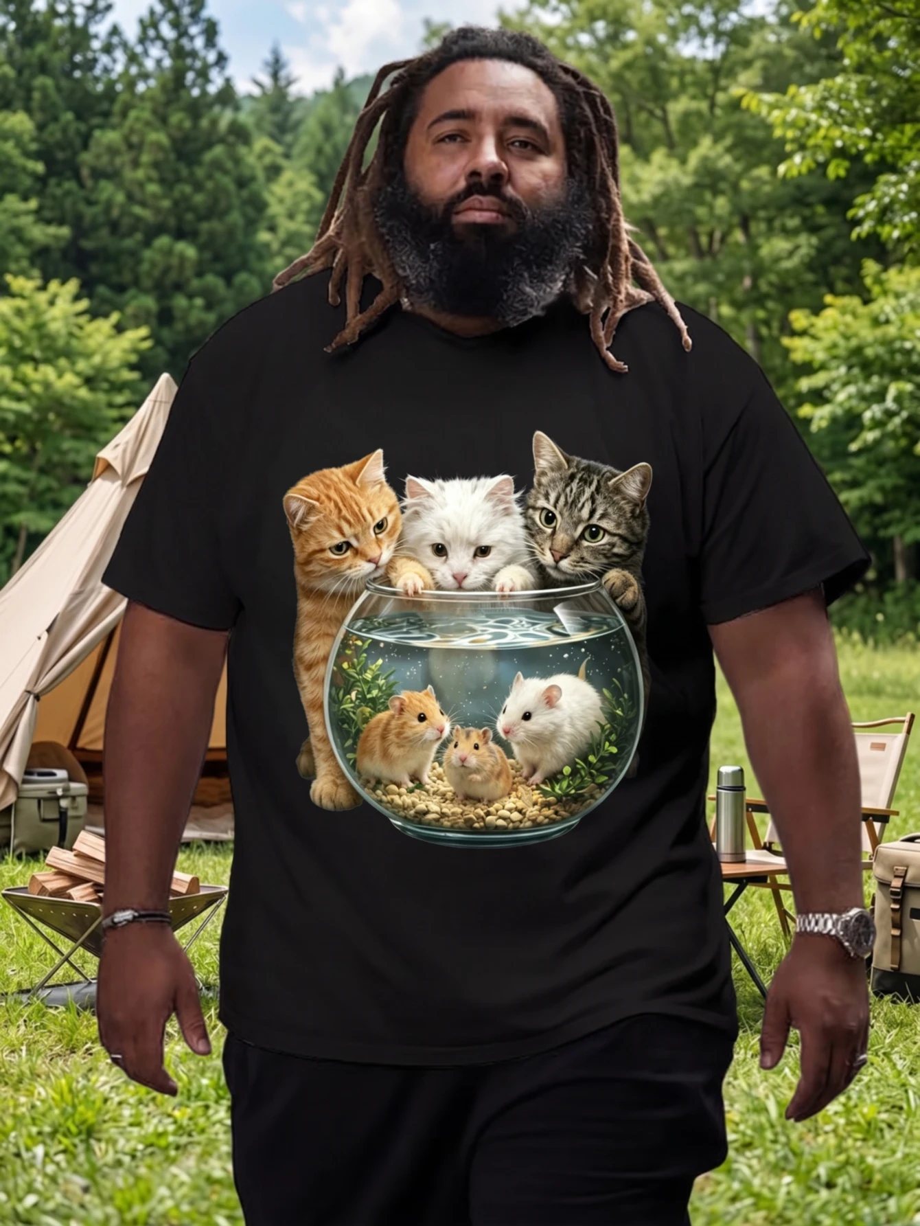 1 pièce, 100% coton, unisexe, pour hommes et femmes, trois chats regardant dans un aquarium avec trois hamsters à l'intérieur, t-shirt à manches courtes à col rond, imprimé, grande taille, vêtements décontractés confortables, lavable en machine