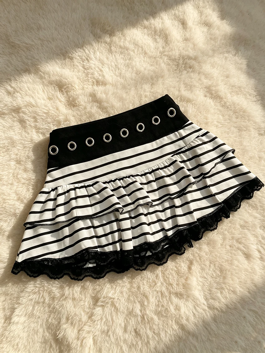 Vintage Emo Style Women Layered Ruffle Mini Skirts Black White Stripes Lace Edge Metal Eyelet Wide Waistband Short Cake Skirts
