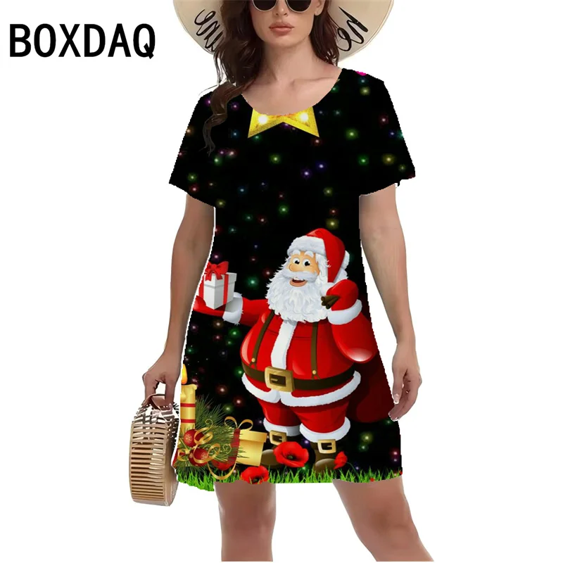 3D Christmas Style Printed Dress Women Short Sleeve Casual A-Line Dress Fun Santa Claus Print Mini Dress Big Size 3XL Vestidos