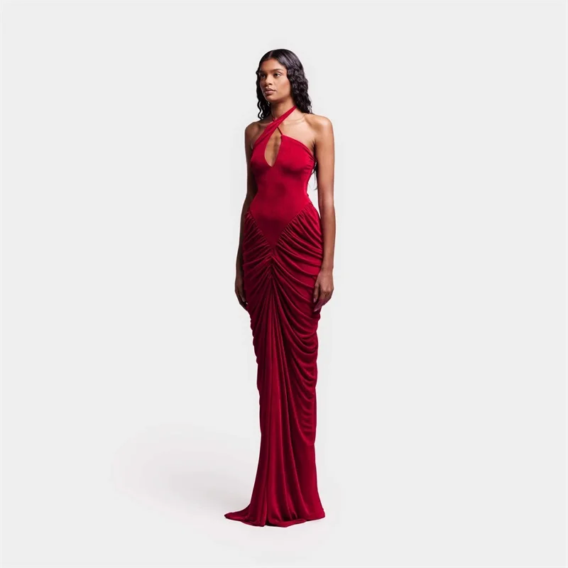 

Red Prom Dress Sexy Halter Sleeveless Slim Fit Ruffles Long Sheath Party Gown Formal Wedding Guest Birthday Evening Robe