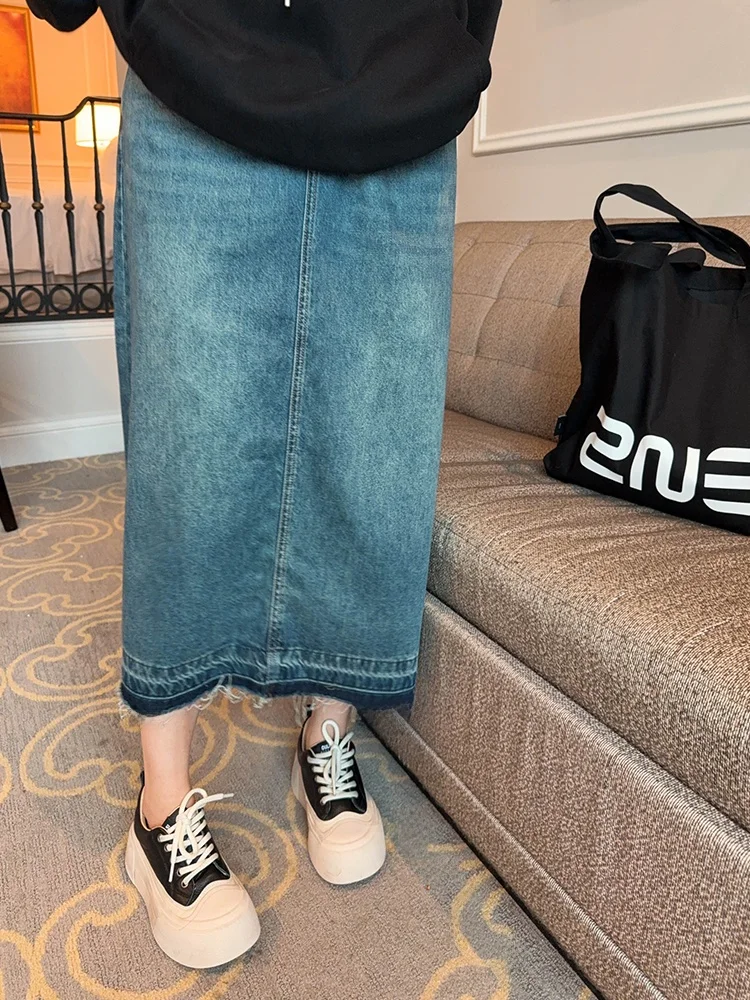 

Юбка VOGANA с высокой талией, А-силуэт, джинсовая, с оборками, в стиле ретро, винтажная, женская, больших размеров, весенняя, для повседневной носки, ручной работы