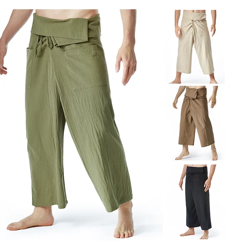 

Pants Summer Solid Color Drawstring Wide Legs Pockets Menswear Flax Casual Loose Men Trousers Daily