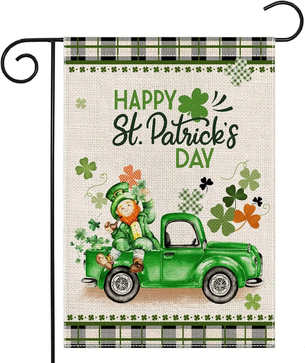 Happy St Patricks Day Garden Flag 12x18 Inch Vertical Double Sided Buffalo Plaid St. Patricks Truck with Leprechaun Shamrock Sma