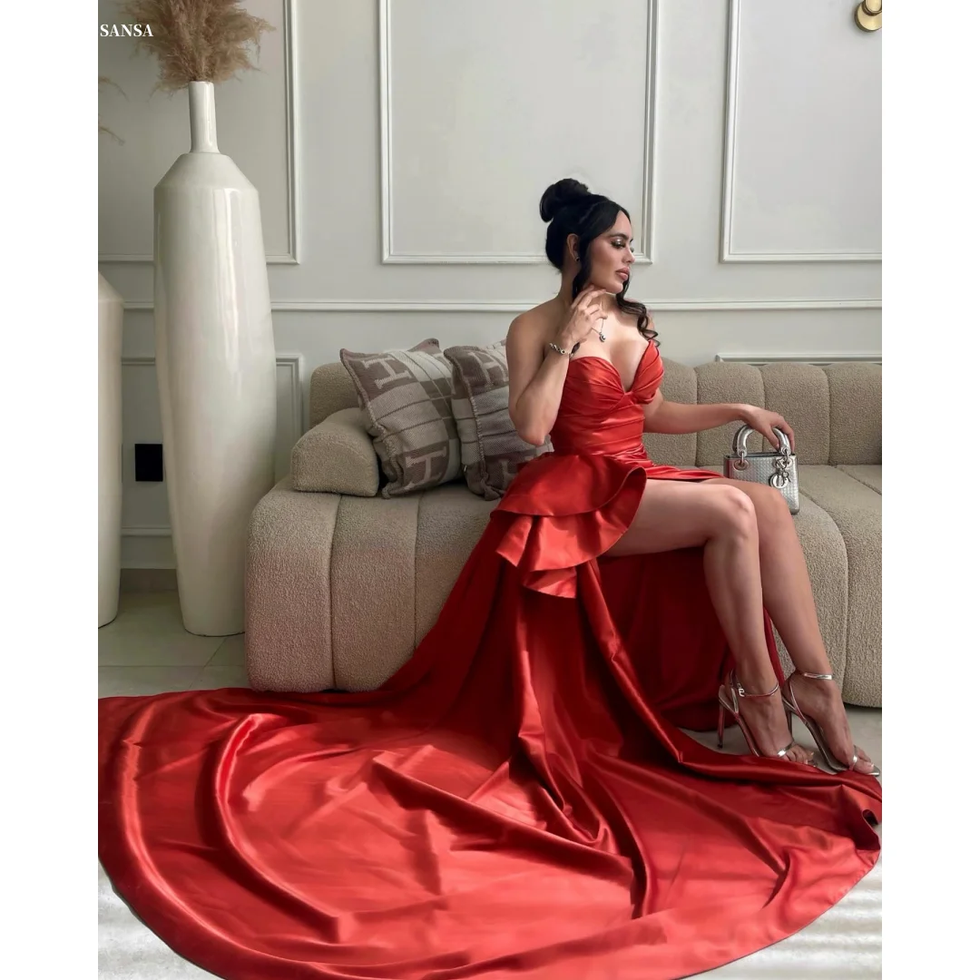 Sansa Red Heart Shaped Neckline Prom Dress Side High Split Floor-Length Customized Party Dress Taffeta Train Evening Dresses