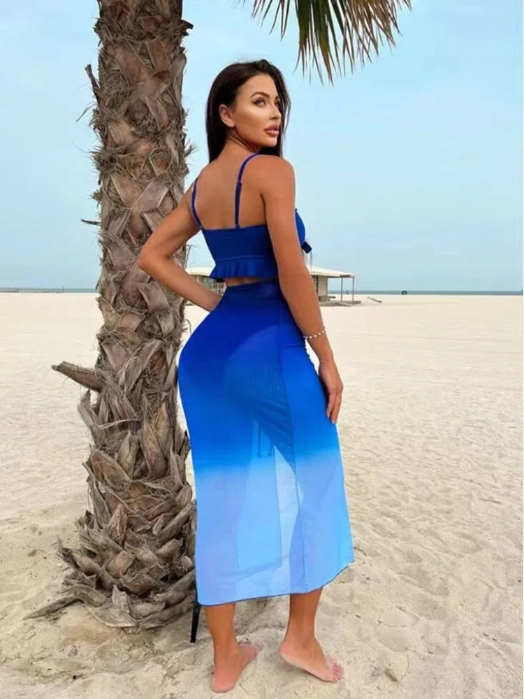 メッシュスカート付き3ピースビキニセット、セクシーなカバーアップ水着、女性用ビーチセット、サマースカート、ホリデースリングパンティースーツ、ビーチウェア