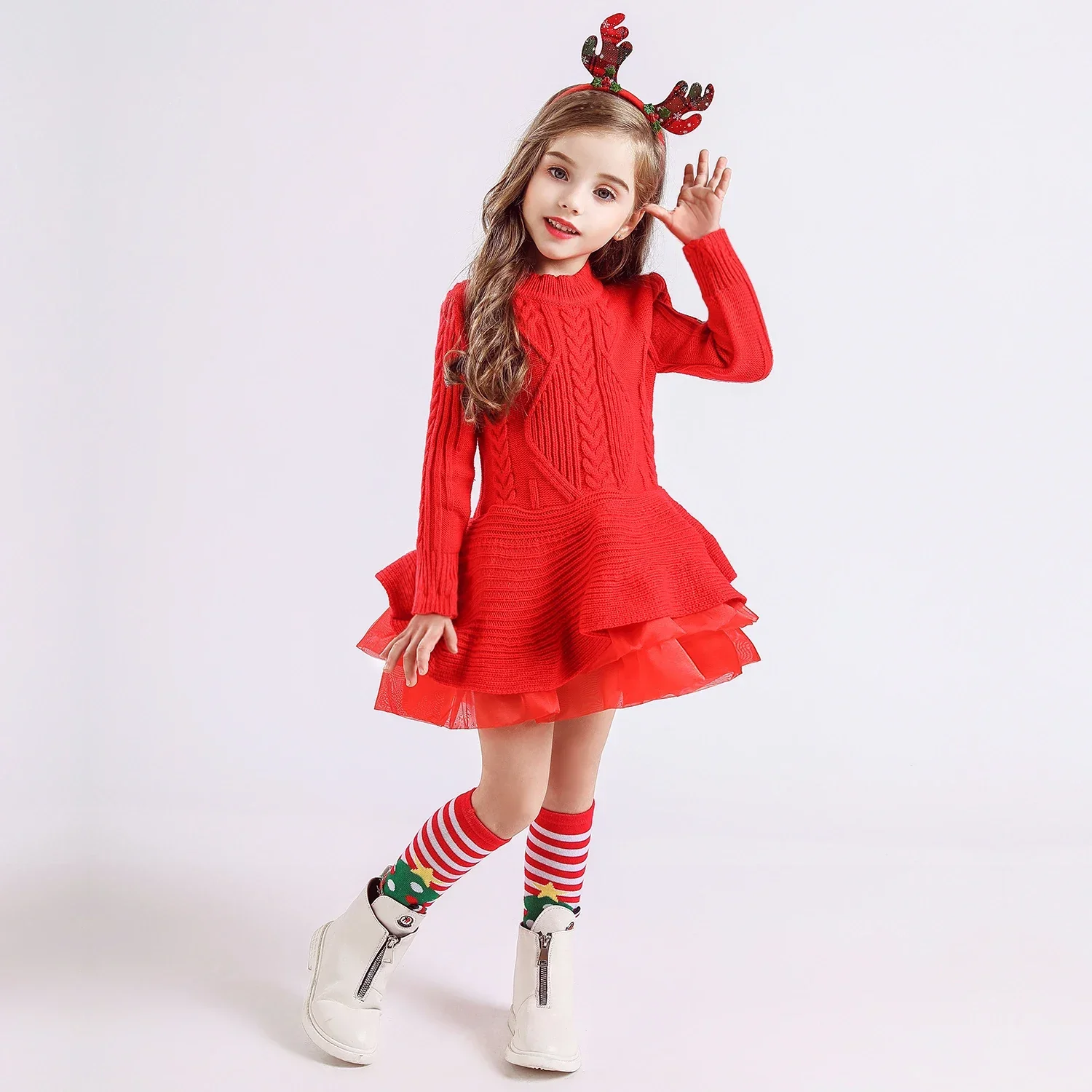 Winter Mädchen stricken Pullover Kleid rot Weihnachten Party Kleider 3-8 Jahre Langarm warme Kinder Kleidung 2023 Kinder Neujahr Kostüm