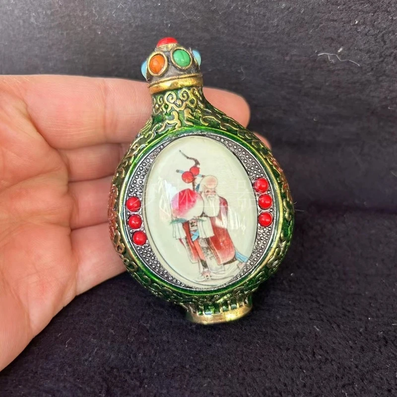 Antique Inlaid Cloisonné Double-Sided Internal Painting Snuff Bottle, Tibetan Silver , Pendant Plaque