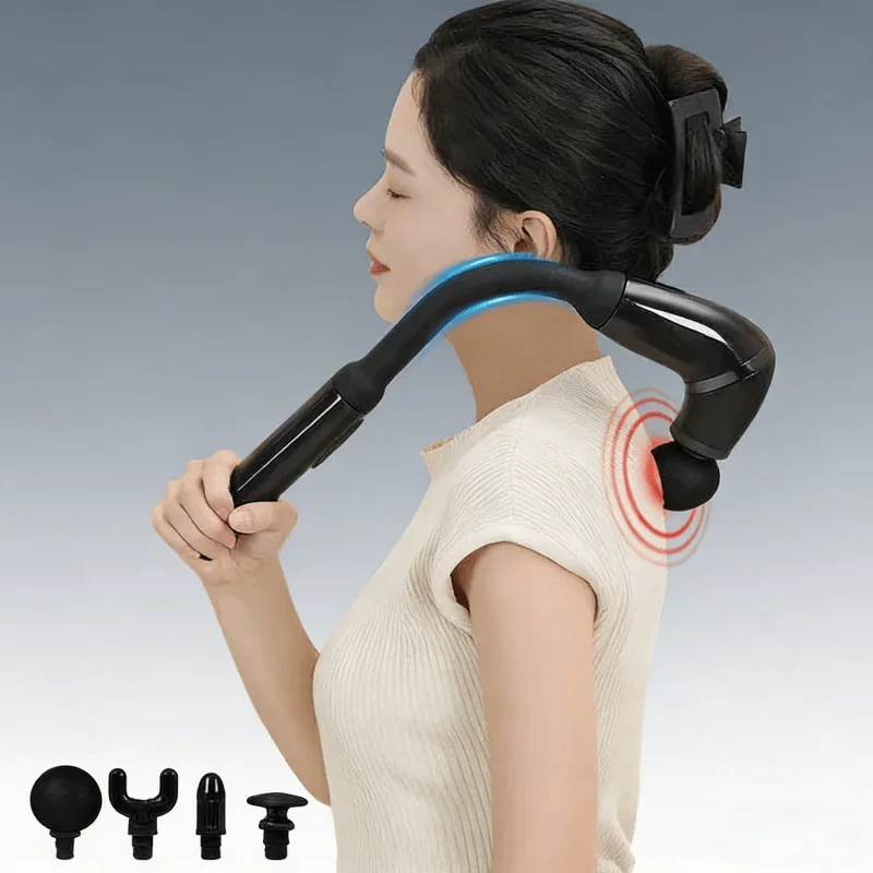 

Fascia Gun with Extended Handle and Elbow for Self-assist Massage of the Upper and Lower Back Muscle Relaxation and Massage Done