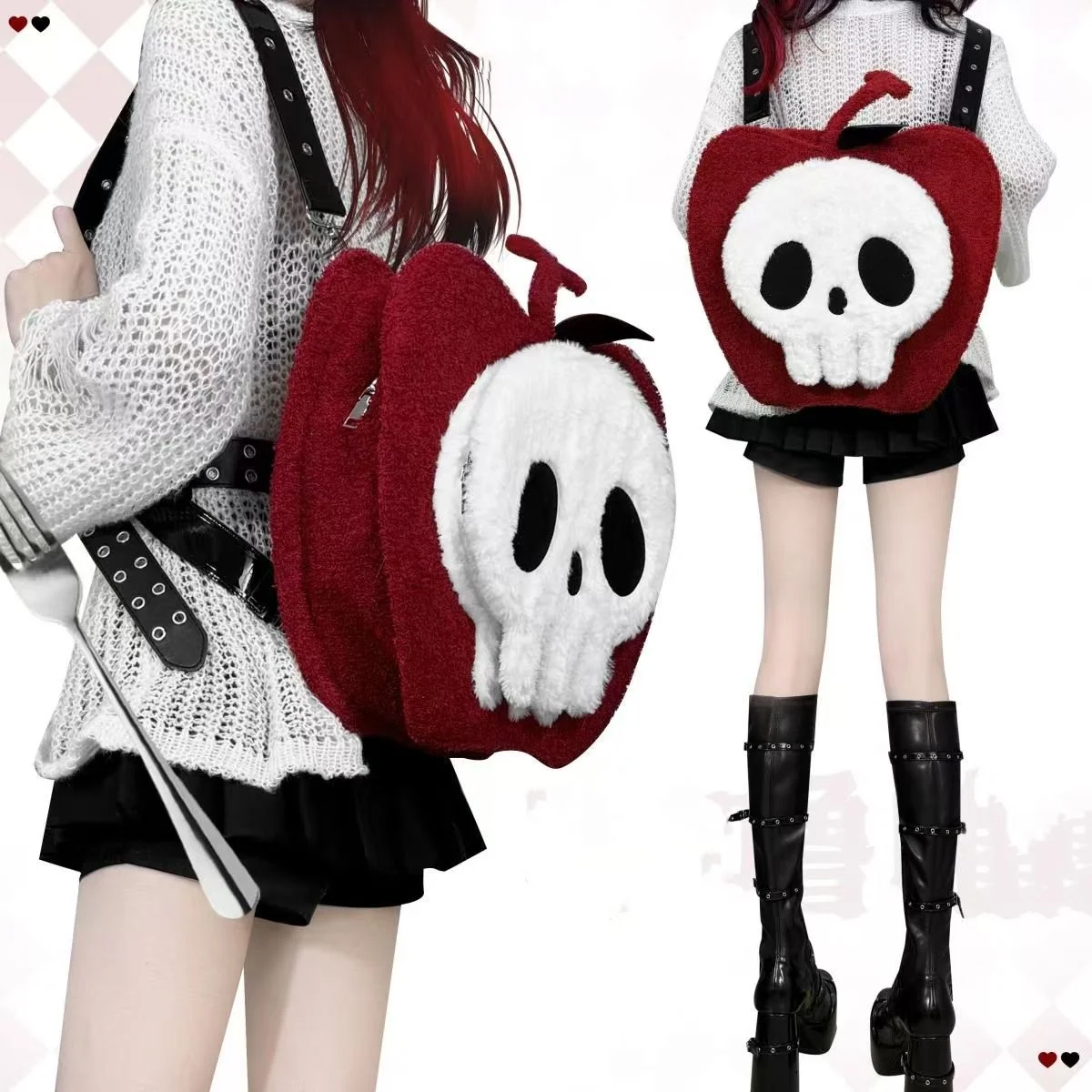 Apple Skull Shaped Plush Backpack Girls Gothic Style Funny Bag Christmas, Halloween Birthdays Gift For Kids Women Girls