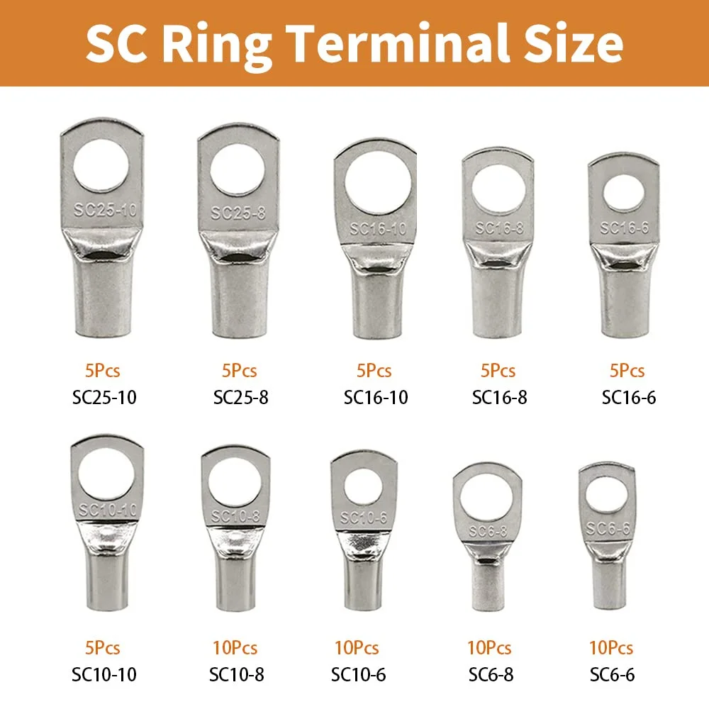 70 Pcs Ring Terminals kit - Battery Terminal Connectors - Cable Wire Terminals - Tinned Copper Lugs - AWG 10/8/6/4