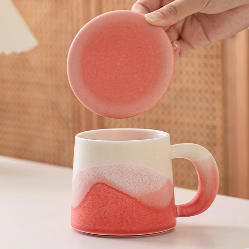 Chinese Style With Cover Ceramic kiln transformation Personal Mugs, Personal Creative Pattern, Milk Water Coffee Cup, 300ml, 1Pc