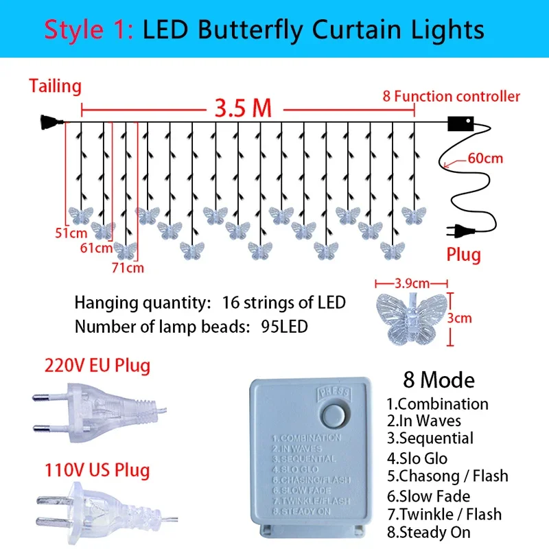 3.5m Butterfly LED Curtain Lights Christmas Garland for Holiday Wedding Party Decor