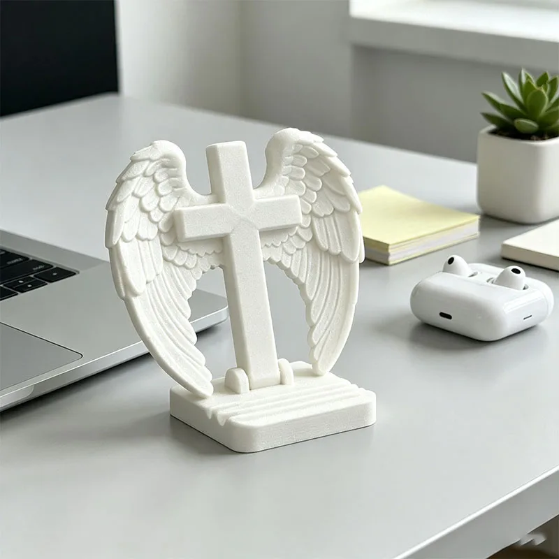 Vintage Angel Wing Cross Phone Holder, Resin Desktop Phone Bracket, Gothic Style Unique Tabletop Decor for Home & Office