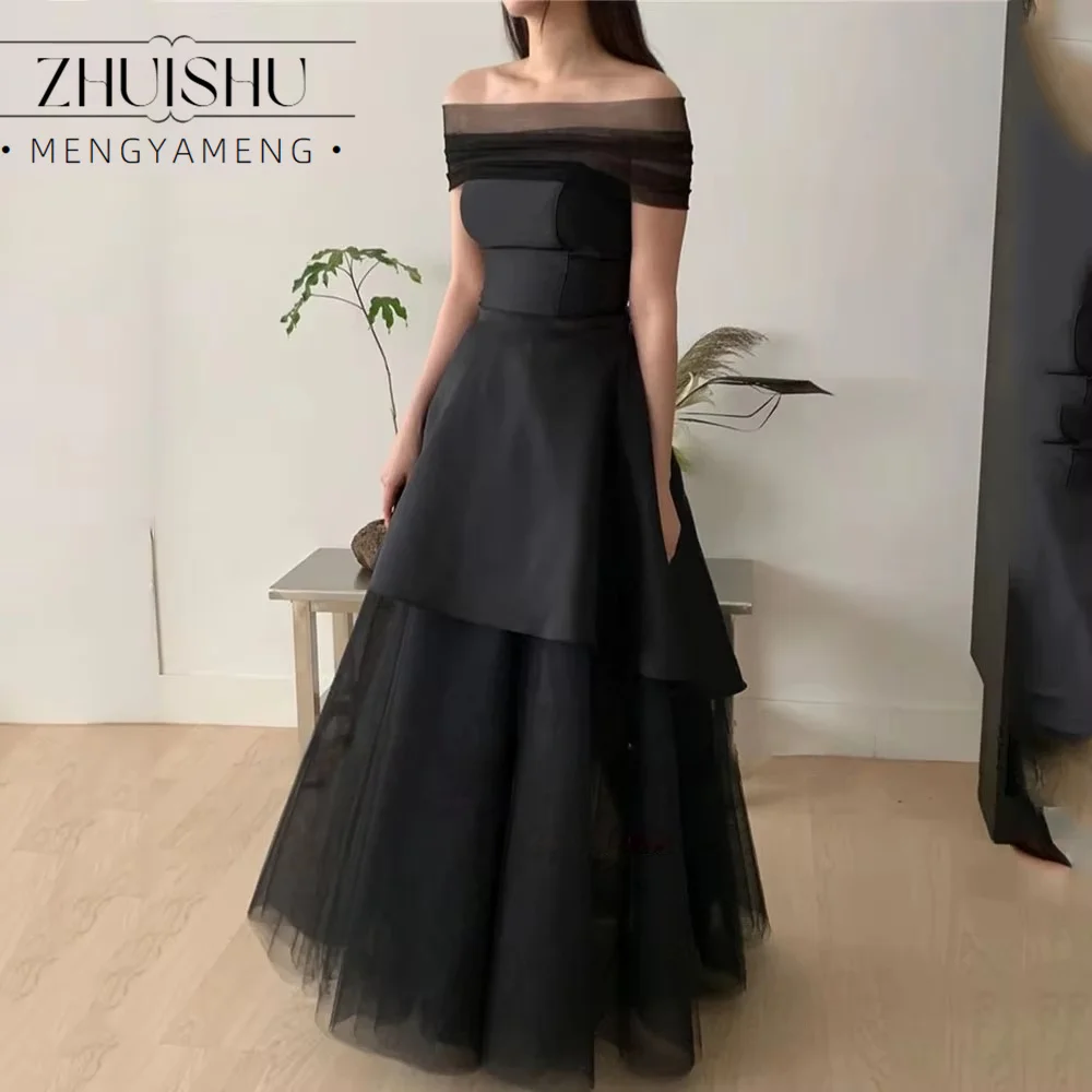 Off Shoulder Tulle Shawl Evening Party Dresses Black Korea Satin Tiered Simple Elegant Women Formal Gowns Event Prom Customized