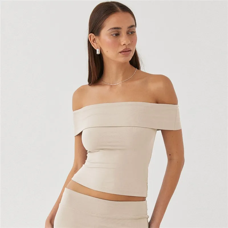 

Sexy Strapl One oulder Tirt for Women ort Sve EuroAmerican Sle Pure Color Elastic Fiber Ladies Top Summer 209