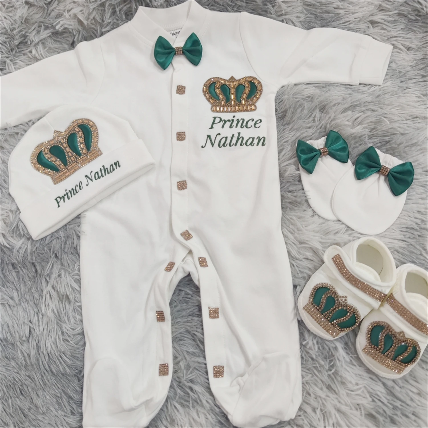 Premium Cotton Baby Boy Prince 4Pcs Set Custom Embroidered Crown Romper with Green Bow Tie Footed Jumpsuit Hat Booties Socks