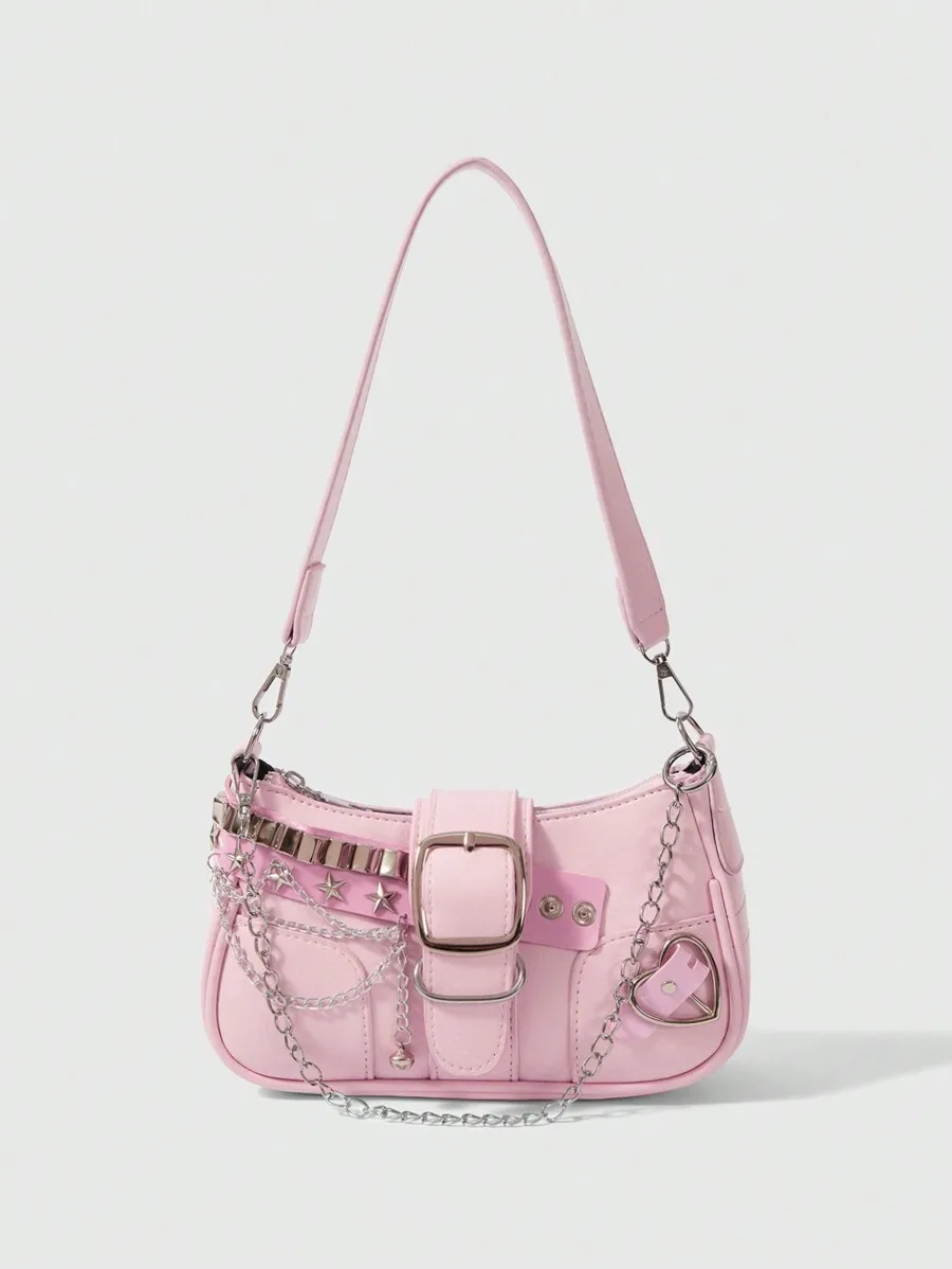 

Розовая сумка-седло в стиле Y2K с цепочкой, пряжкой и звездными заклепками
