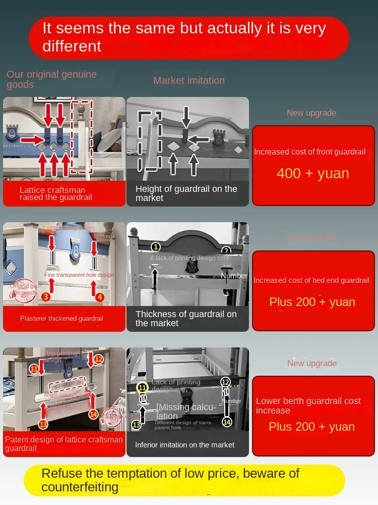 Double Bunk Bed with Upper and Lower Bunk Beds, Children's Bed, Cherry Wood High and Low Combination High Box Mother Bed