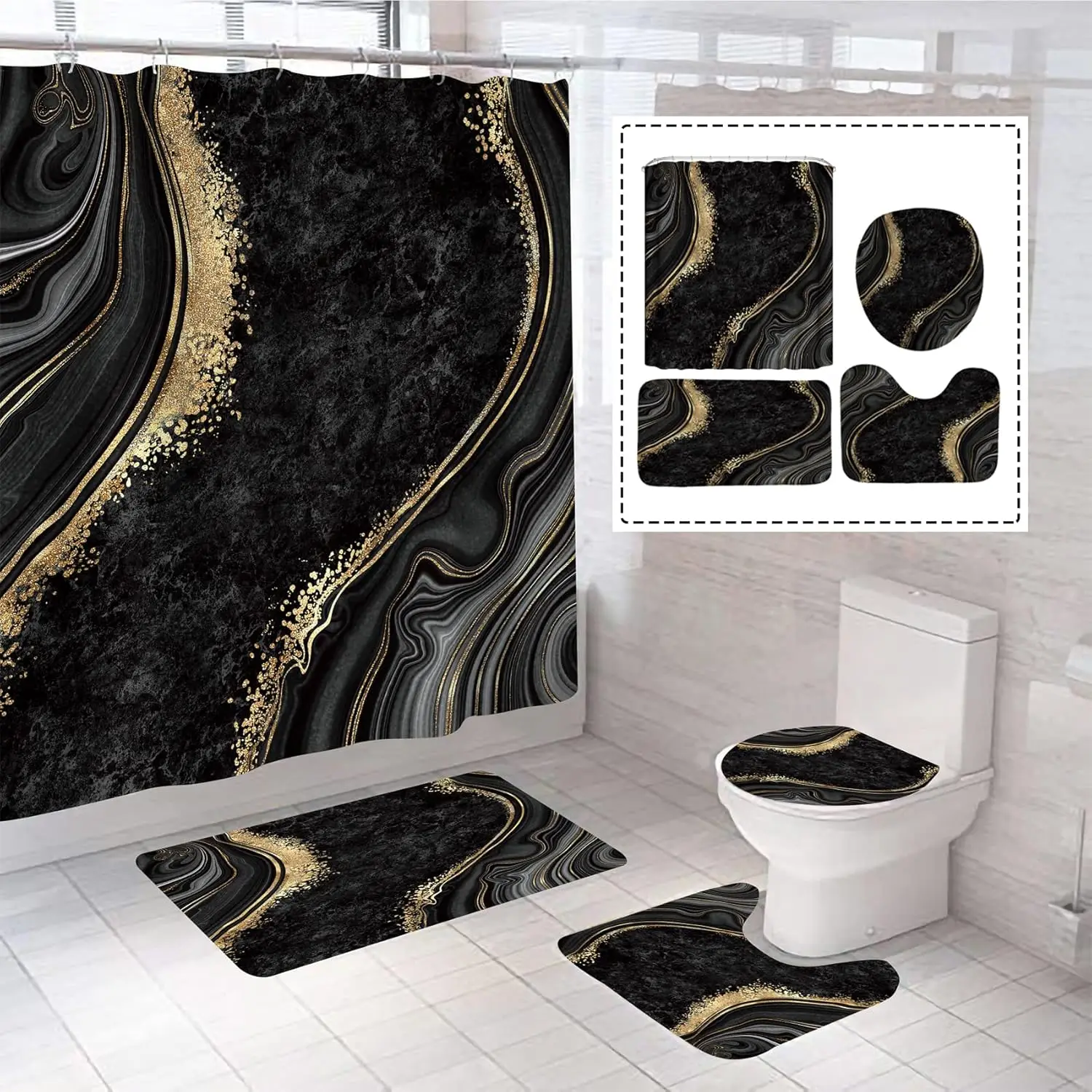 

4Pcs Luxury Marble Shower Curtain Set with Bath Mat, Toilet Lid Rug, and Contour Mat in Black