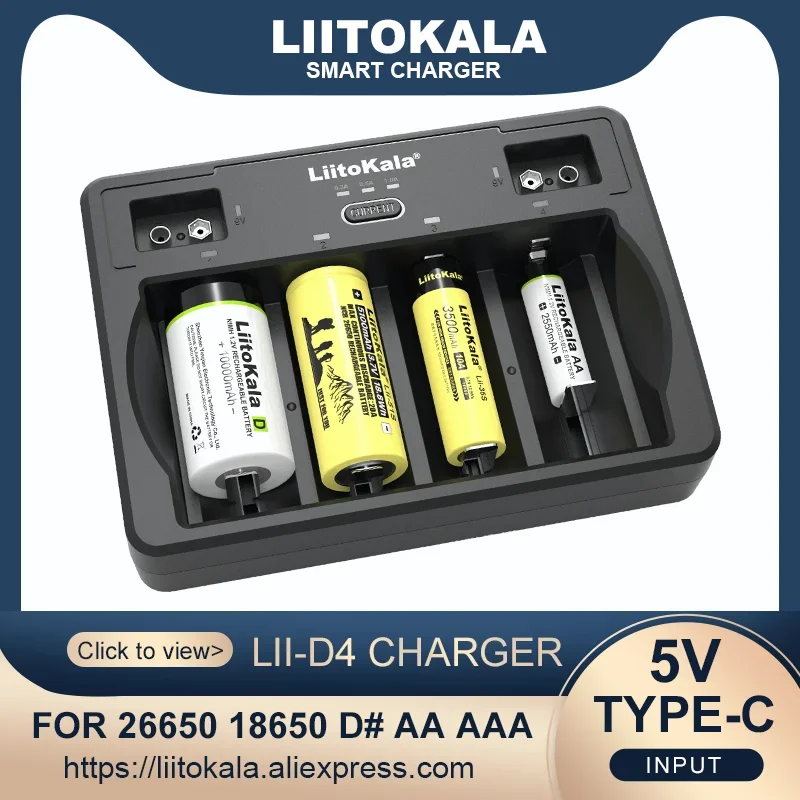 LiitoKala Lii-D4 9V 26650 18650 21700 18500 26700 16340 22650 AA AAA C SC D 3.7V 1.2V Lithium NiMH Smart Battery Charger