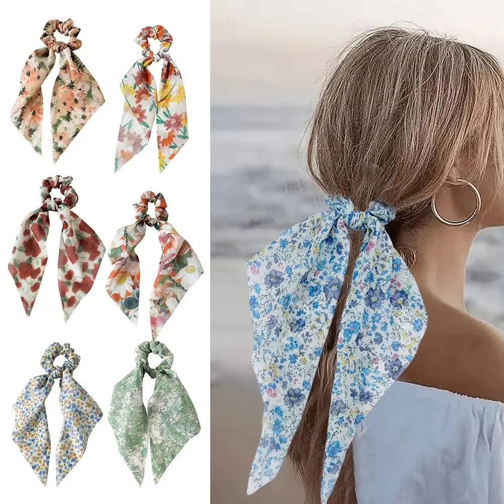 

Floral Tie Dye Chiffon Ponytail Hair Ties Long Ribbon Fashion Hair Scrunchies Triangle Scarf Hairbands Summer Beach