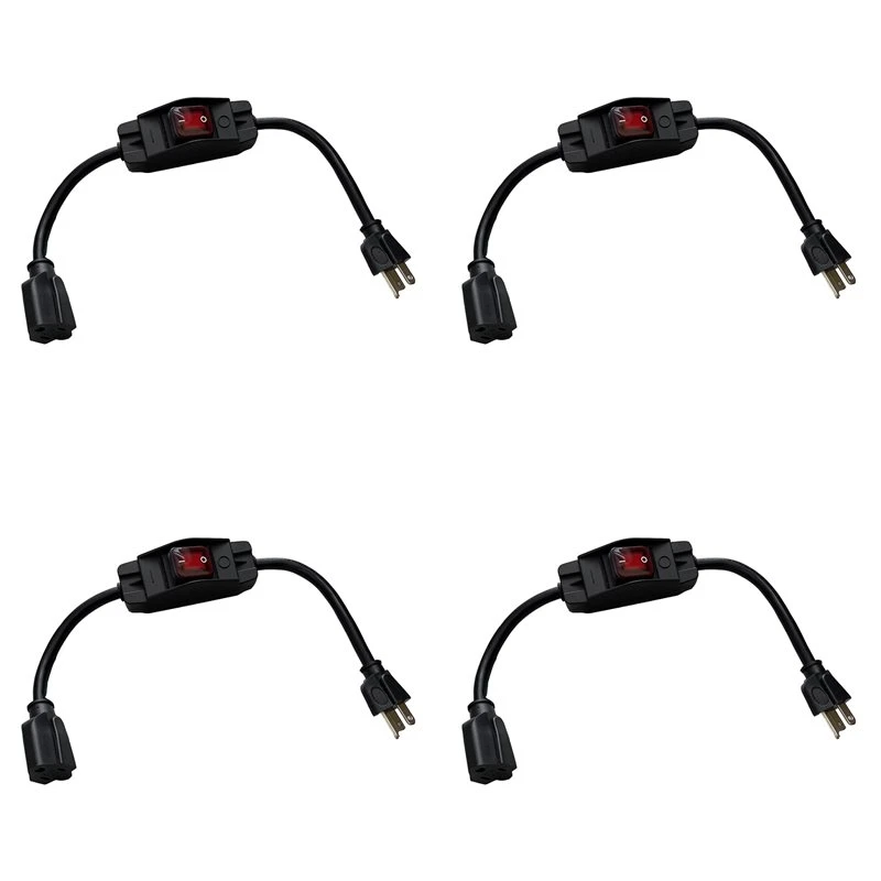 T21C 3 Prong Extension Cord With Waterproof Switch, 1875W Heavy Duty Extension Cord With Switch, 14AWG 1.5FT, 4 Pack US Plug