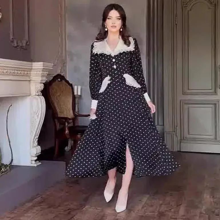 Eid Muslim Vestidos Women Polka Dot Print Dress Lace Splice Long Robe Jalabiya Ramadan Morocco Dubai Kaftan Arab Islam Abaya