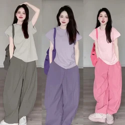 Summer New Women's Set Age Reducing Loose Sliming Lazy Style T-shirts and Elastic Waist Wide Leg Pants Two-piece Set for Women