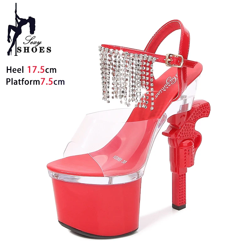 

Rhinestone Tassels High Heel Sandals 17.5CM Gun Heel Transparent PVC Thick Platform Shoes For Women Strange Style Summer Heels