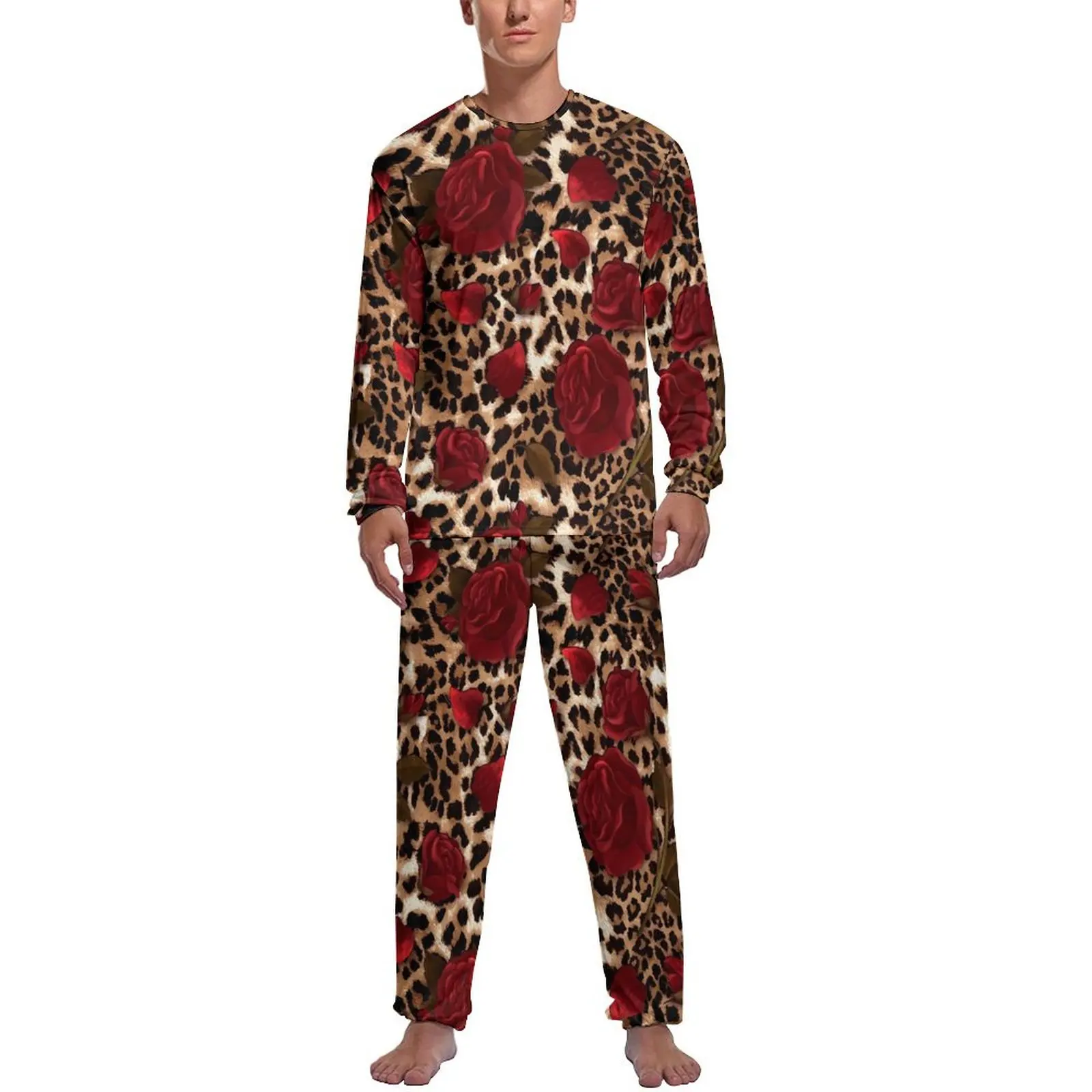 Floral Leopard Print Pajamas Autumn Red Roses Leisure Nightwear Male 2 Piece Custom Long Sleeve Fashion Pajama Sets