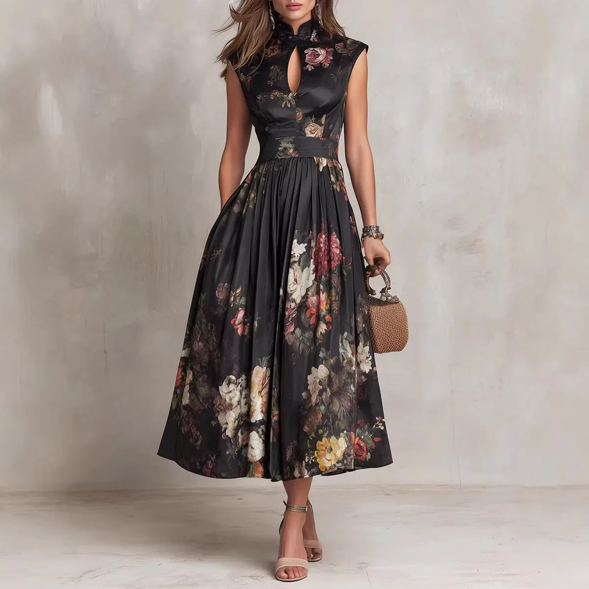 2026 Spring New Women's Sleeveless Black Digital Print Long Skirt Three-dimensional Flower Slim Dress for Women