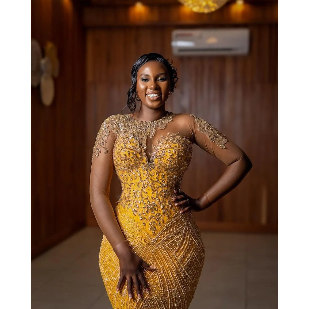 Lllusions アップリケスリーブマーメイドゴージャスなイブニングドレスビーズイブニングドレスゴールドスパンコールエレガントなフルスリーブプロムドレス