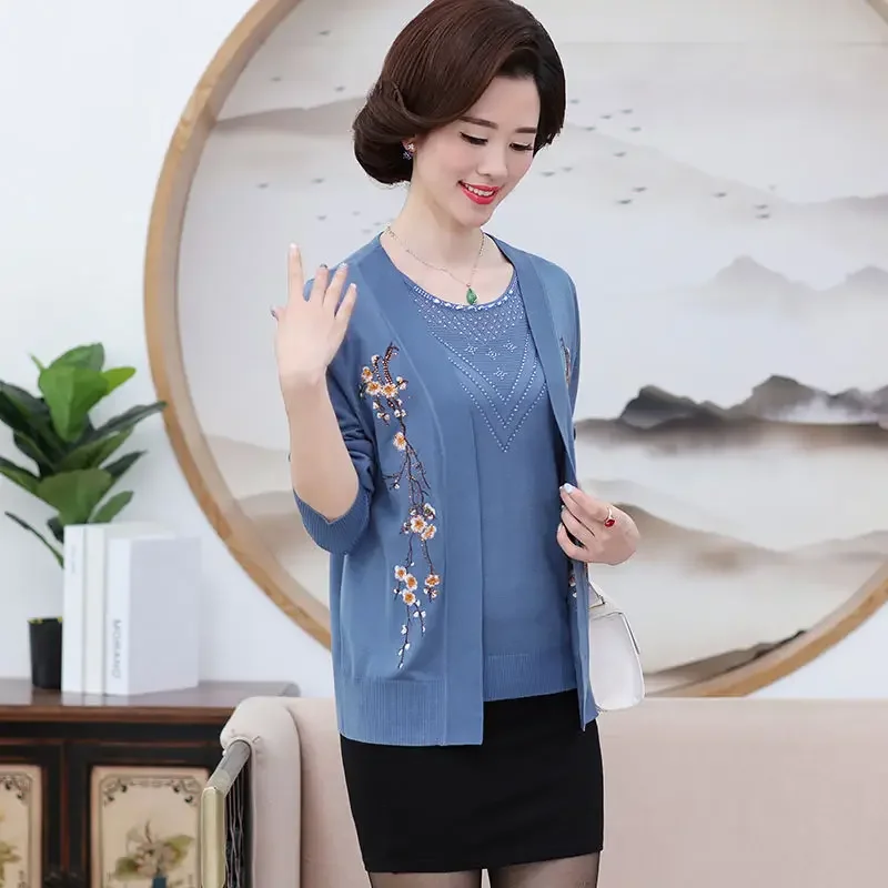 Pop Pop Mother Spring Summer Suit M-4XL Women's Knit Coat Cardigan Middle-Aged 2-Piece Set Thin Coat Knitted Short Sleeves Embro