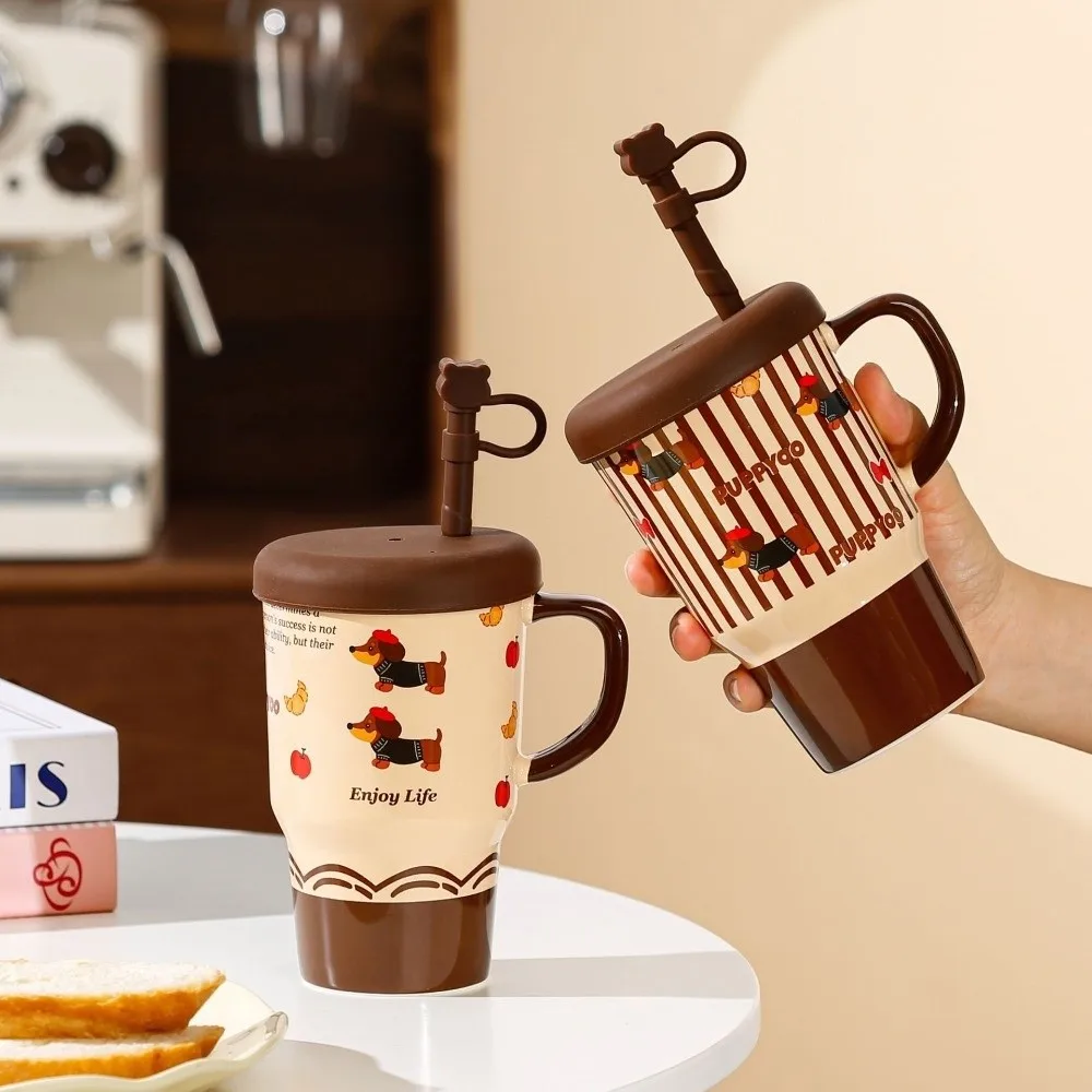 

Stylish Large Capacity Water Cup Dog Pattern Cartoon High Aesthetics Cup with Straw Ceramics Coffee Cup Daily Use