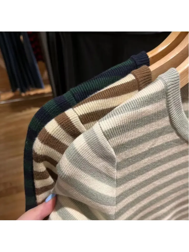 Vintage Women Brown Striped Tees 2022 Spring-autumn Fashion Ladies Retro O Neck Long Sleeve Female Chic Pullovers