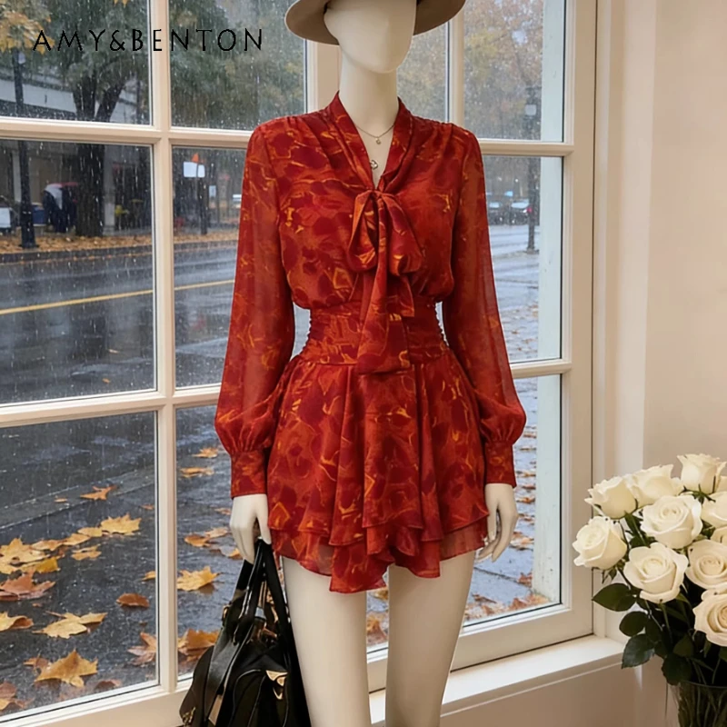 

Vintage Print Design Women's Dress 2026 Spring Autumn New Long Sleeve V-Neck Tie-Waist Slimming Elegant Short Dresses Ladies