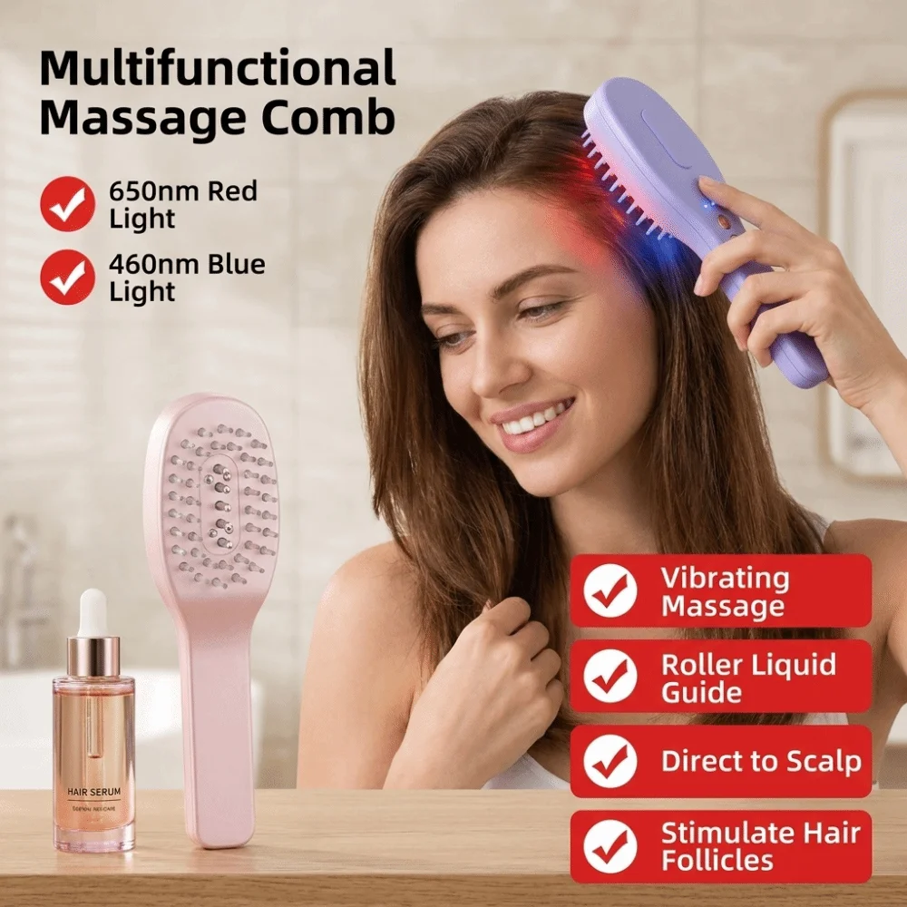 2-In-1 Electric Spray Hair Brush Reduce Frizz Anti-Static Misting Hair Brush Electric Misting Red Blue Light Scalp Massage Comb