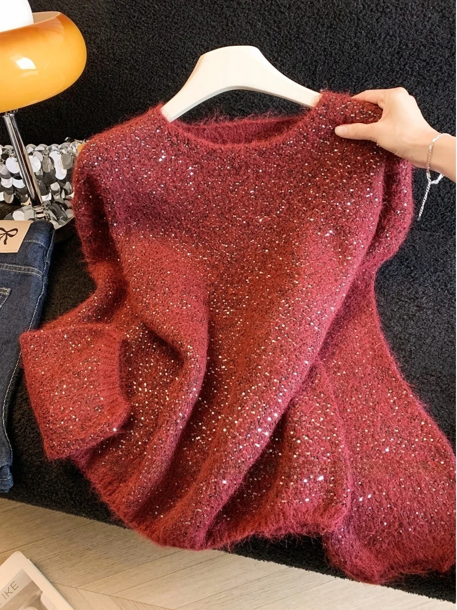 

Ladies Loose Fit V-Ne Knitted Sweater 2026 Spring Faion Red Sequin Lazy Sle Korean Soft Fabric Casual Wear
